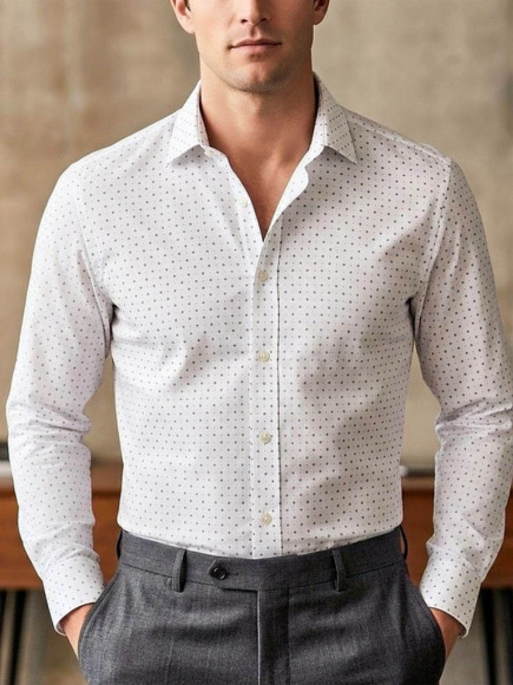 NWT IZOD Slim Fit Long Sleeve Dress Shirt White Ditsy Print Sz:17 34/35